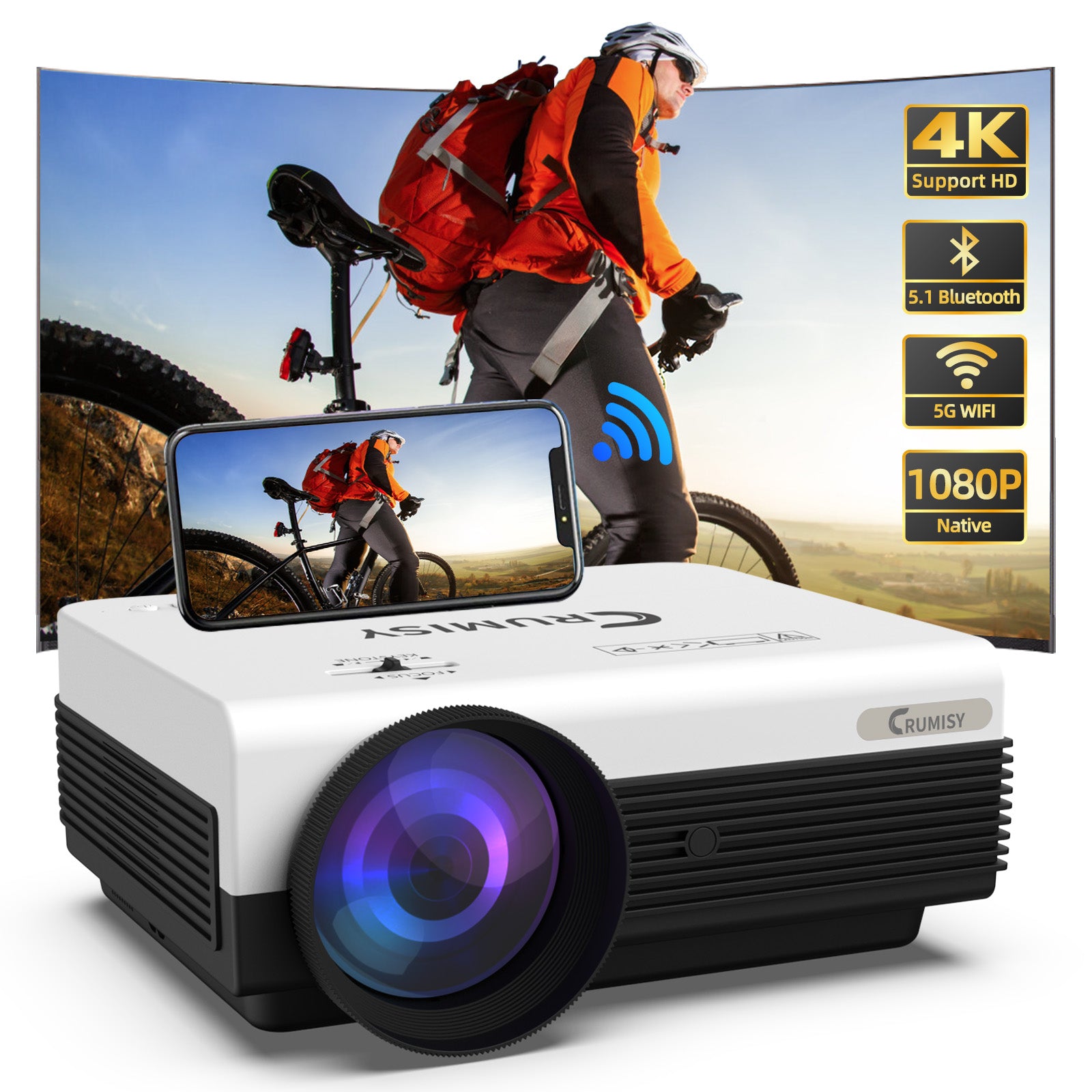 Projecteur avec WiFi et Bluetooth, projecteur 1080P, prise en charge 4K, projecteur intelligent 5G pour films en plein air 