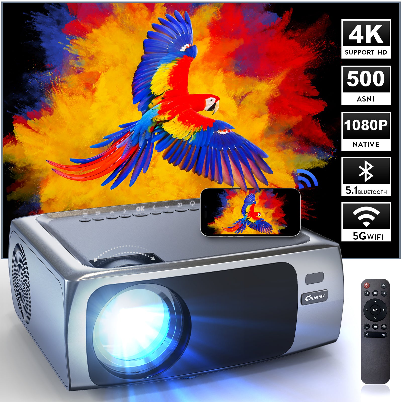 Auto Keystone Projector 4K Support,15000 Lumens Portable WIFI Projector 1080P with 5G