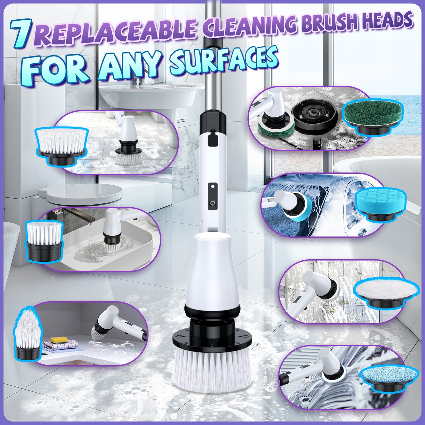 Electric Spin Scrubber, Power Scrubber with Adjustable Extension Arm, 7 Replaceable Scrub Brush Heads Fast Removing Sticky Residues